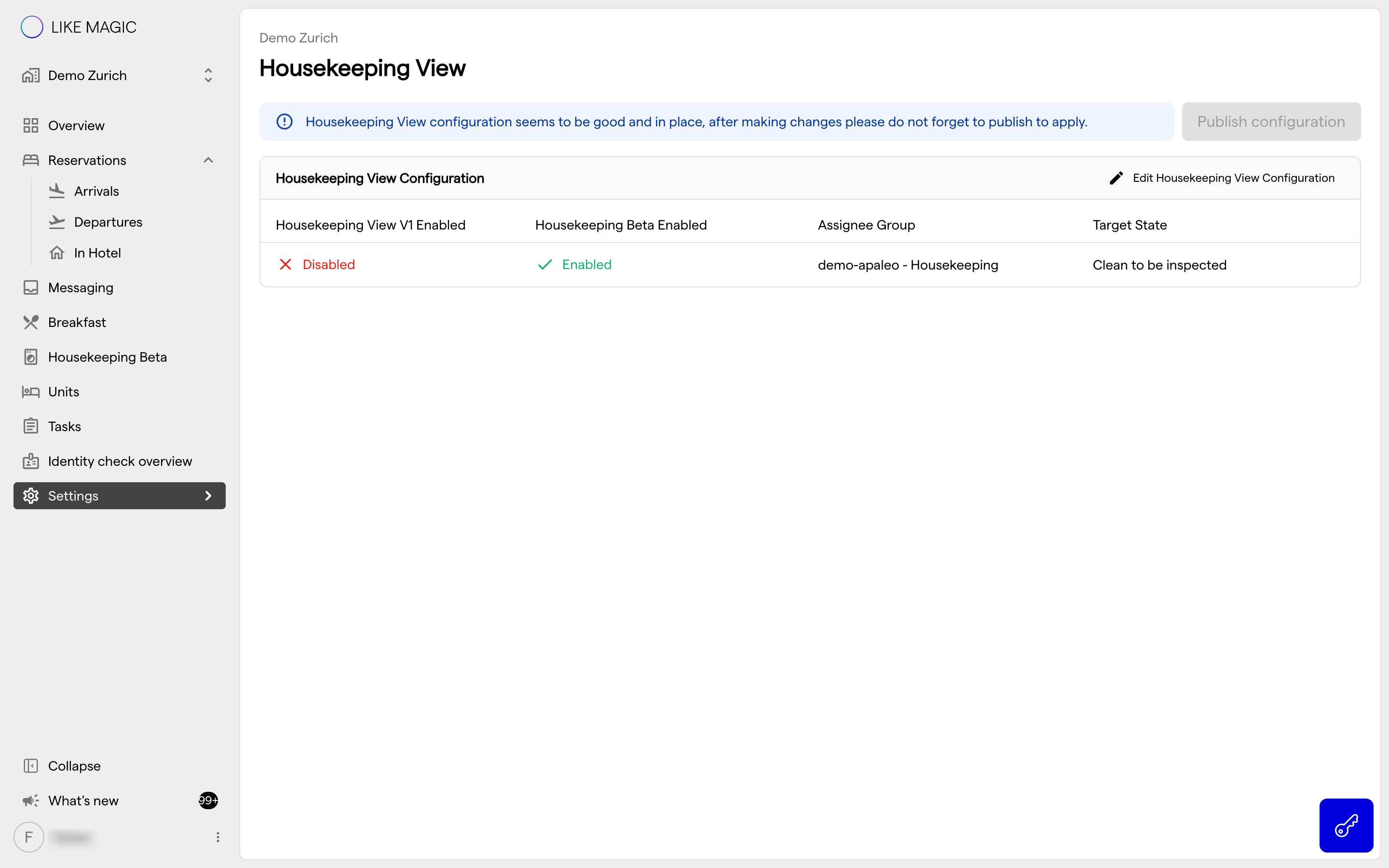 The Housekeeping View configuration under Settings
