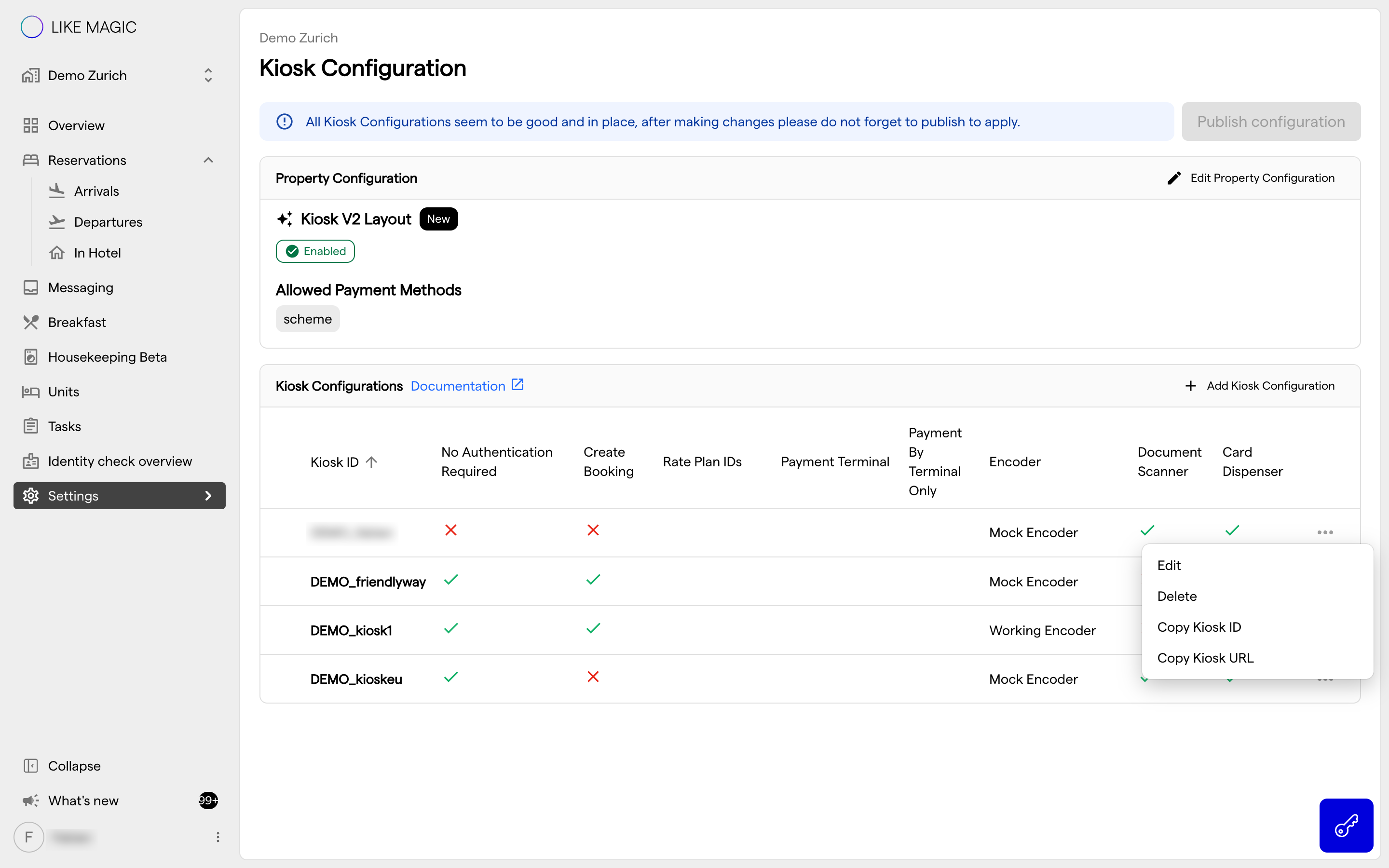 The action menu of a kiosk configuration: Edit, Delete, Copy Kiosk ID and Copy Kiosk URL