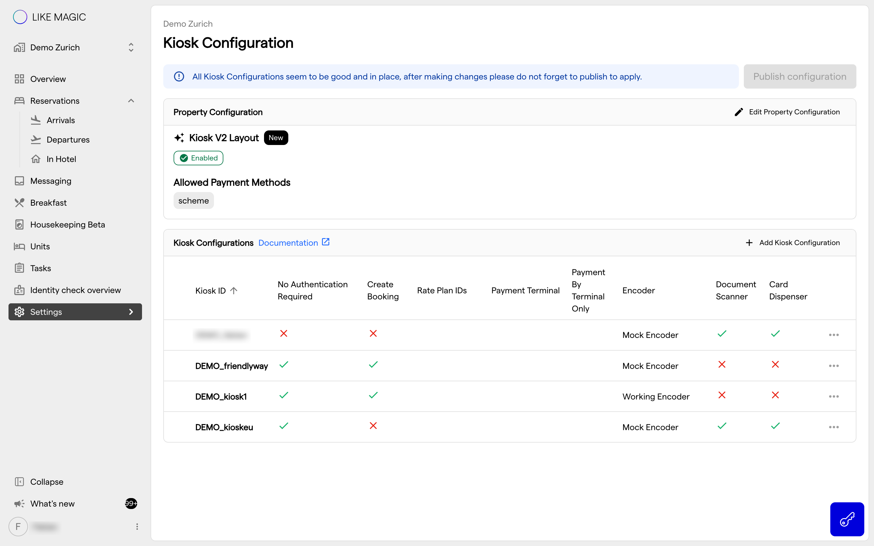 The Kiosk configuration page listing the property's kiosk configurations