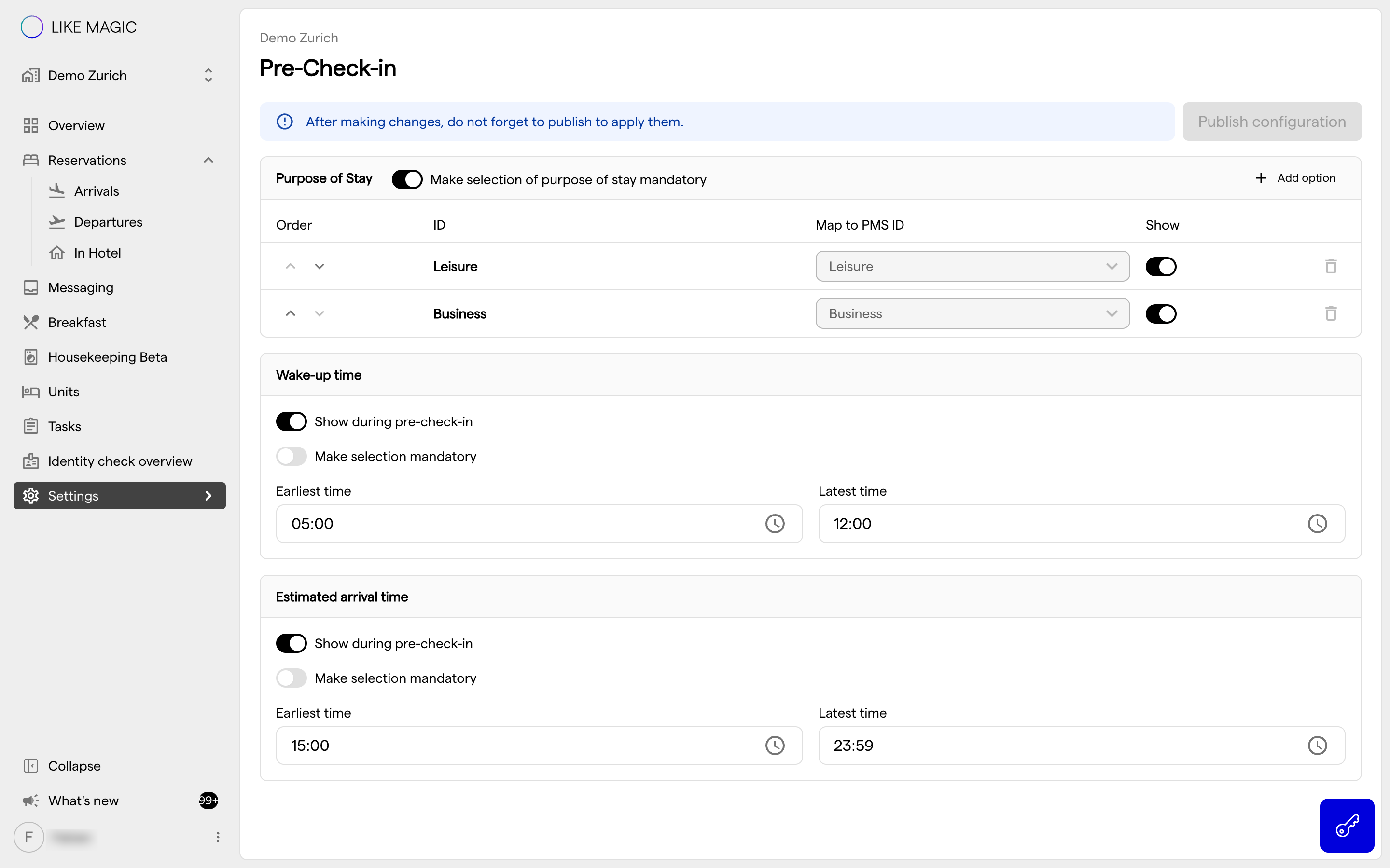 The Pre-Check-In settings page with the Purpose of Stay, Wake-up Time and Estimated Arrival Time sections
