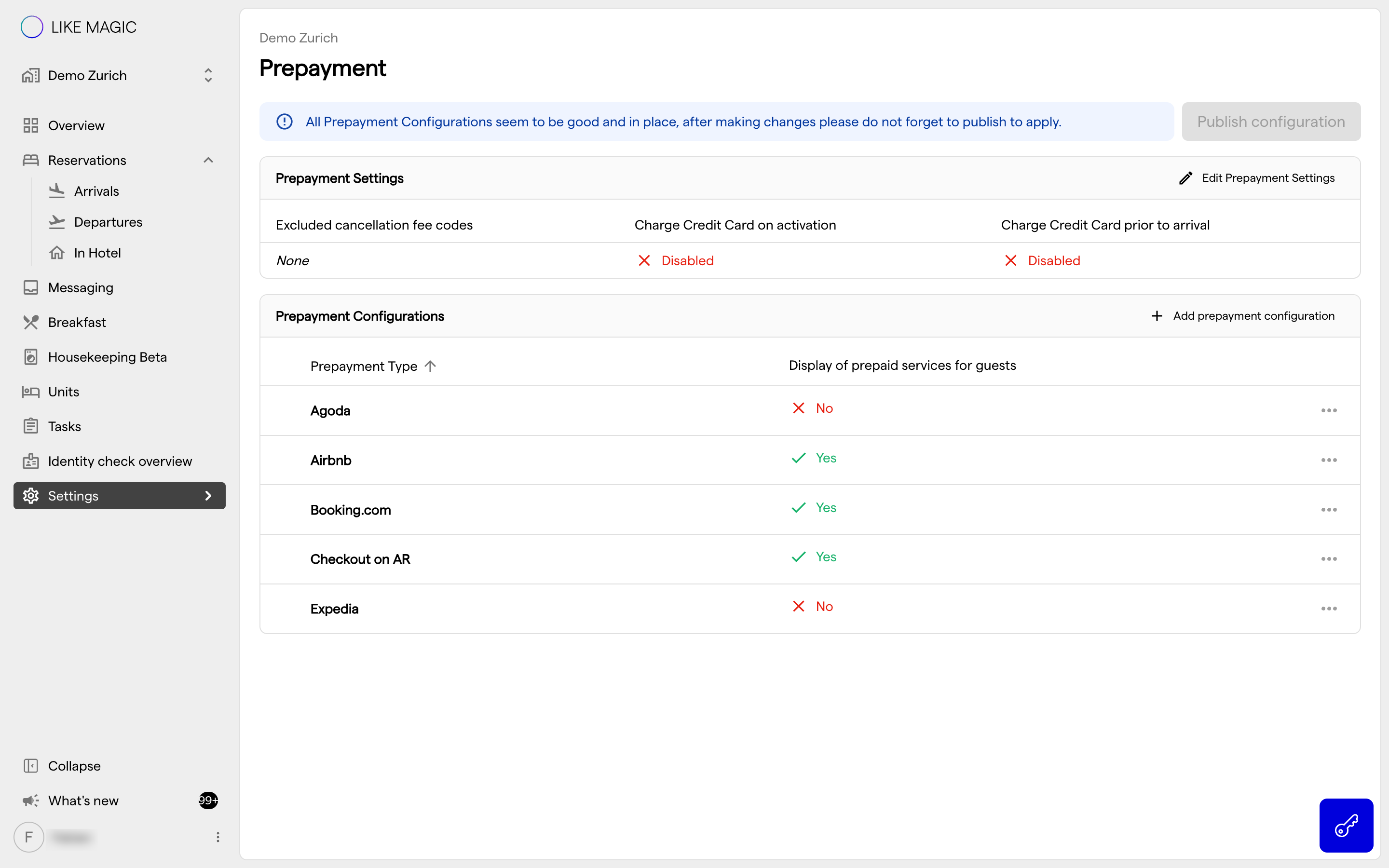 The Prepayment settings, listing the configured prepayment rules