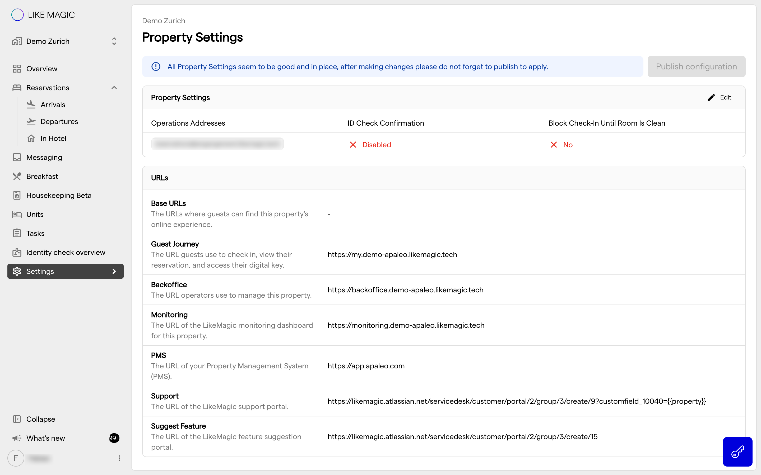 The Property Settings page with the publish banner and the Publish configuration button