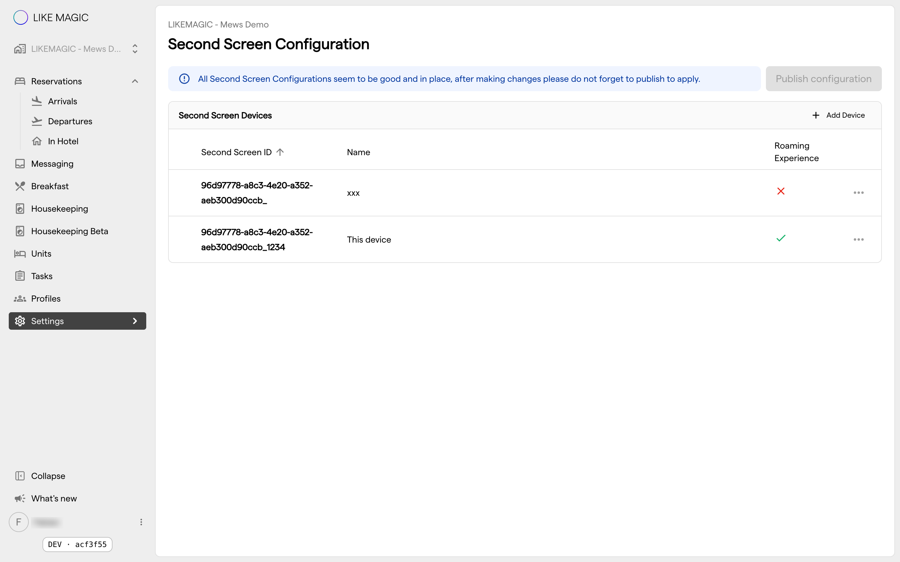 The Second Screen configuration page, where devices are created and managed