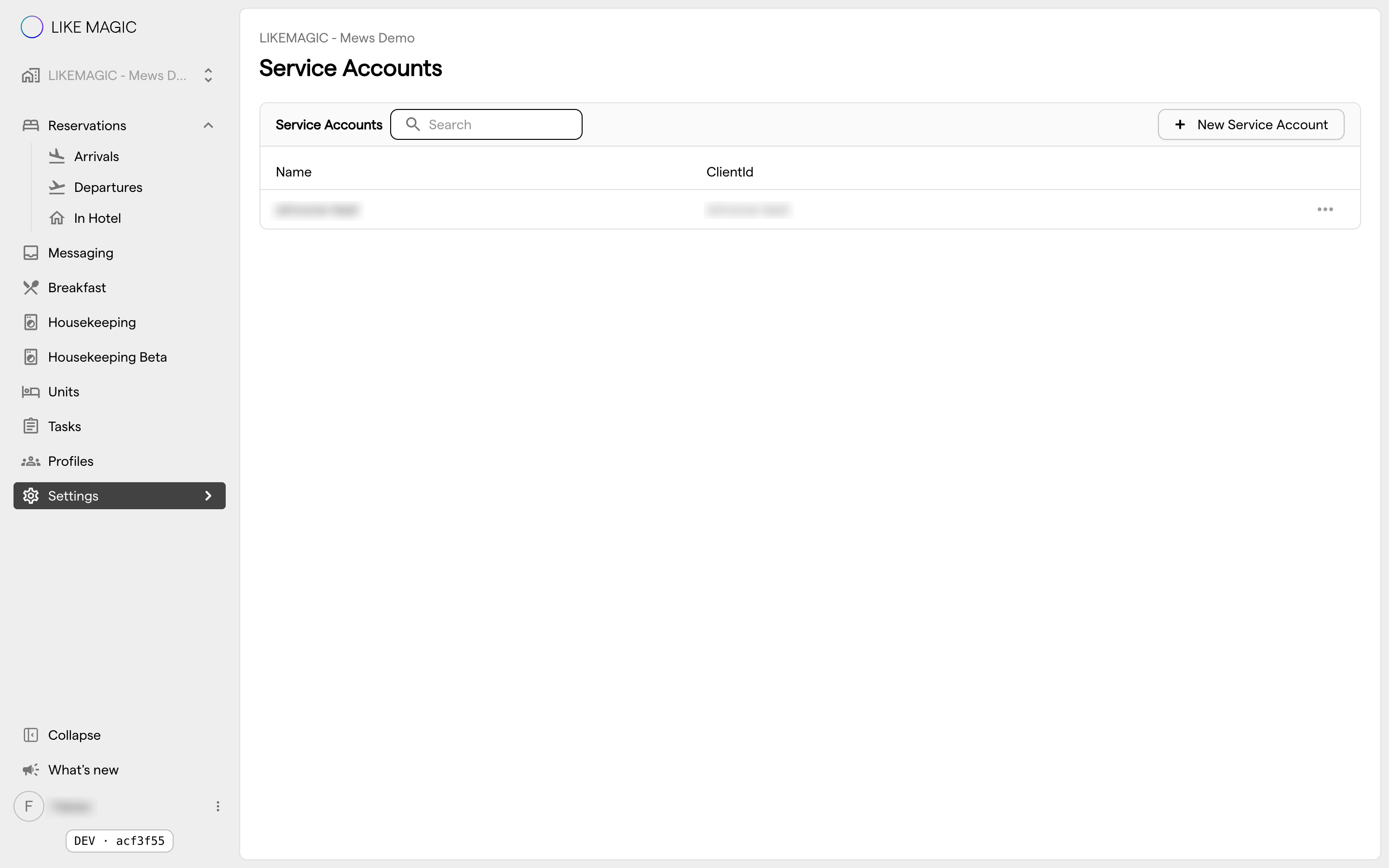 The Service Accounts page
