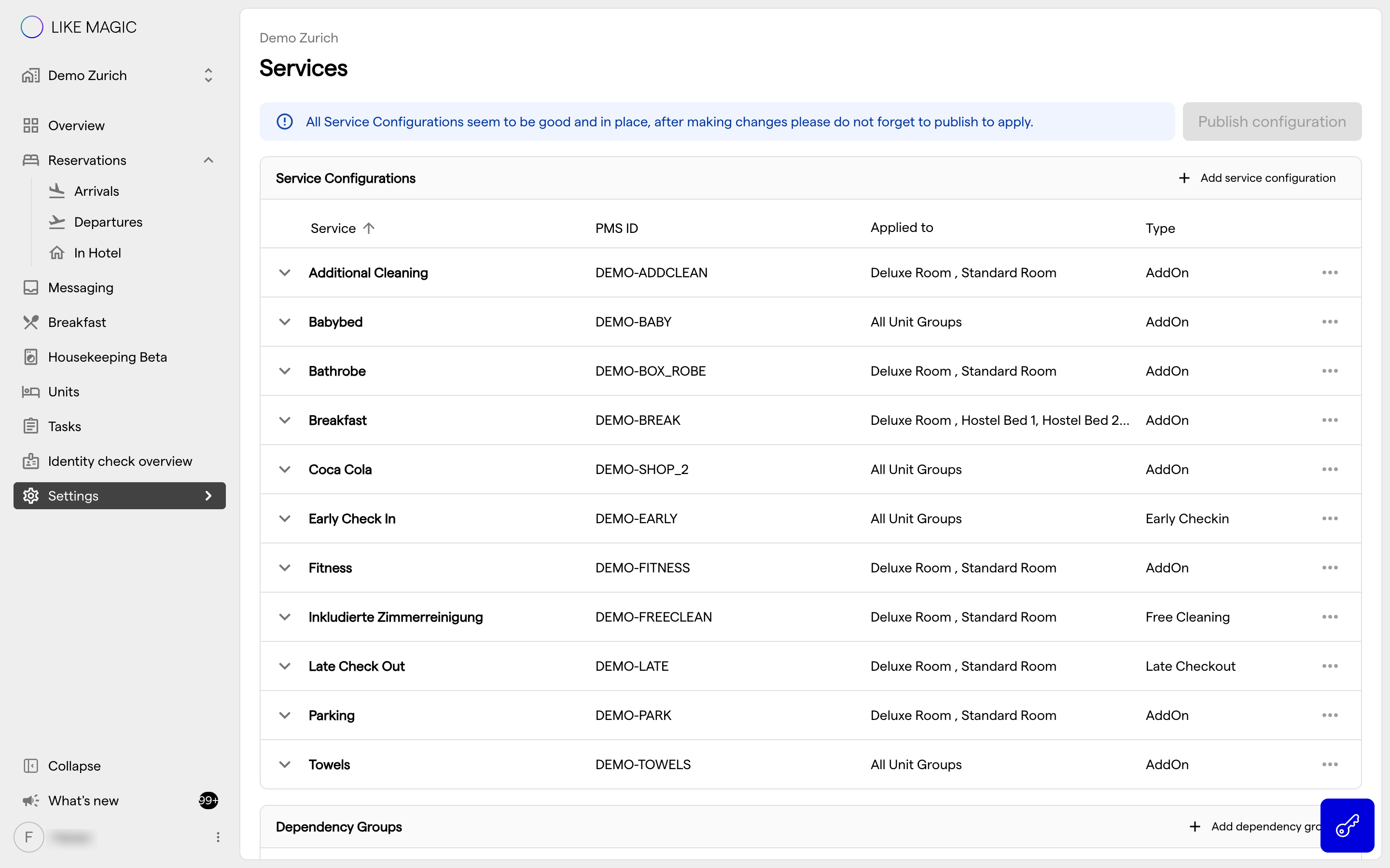 The Services catalogue under Settings