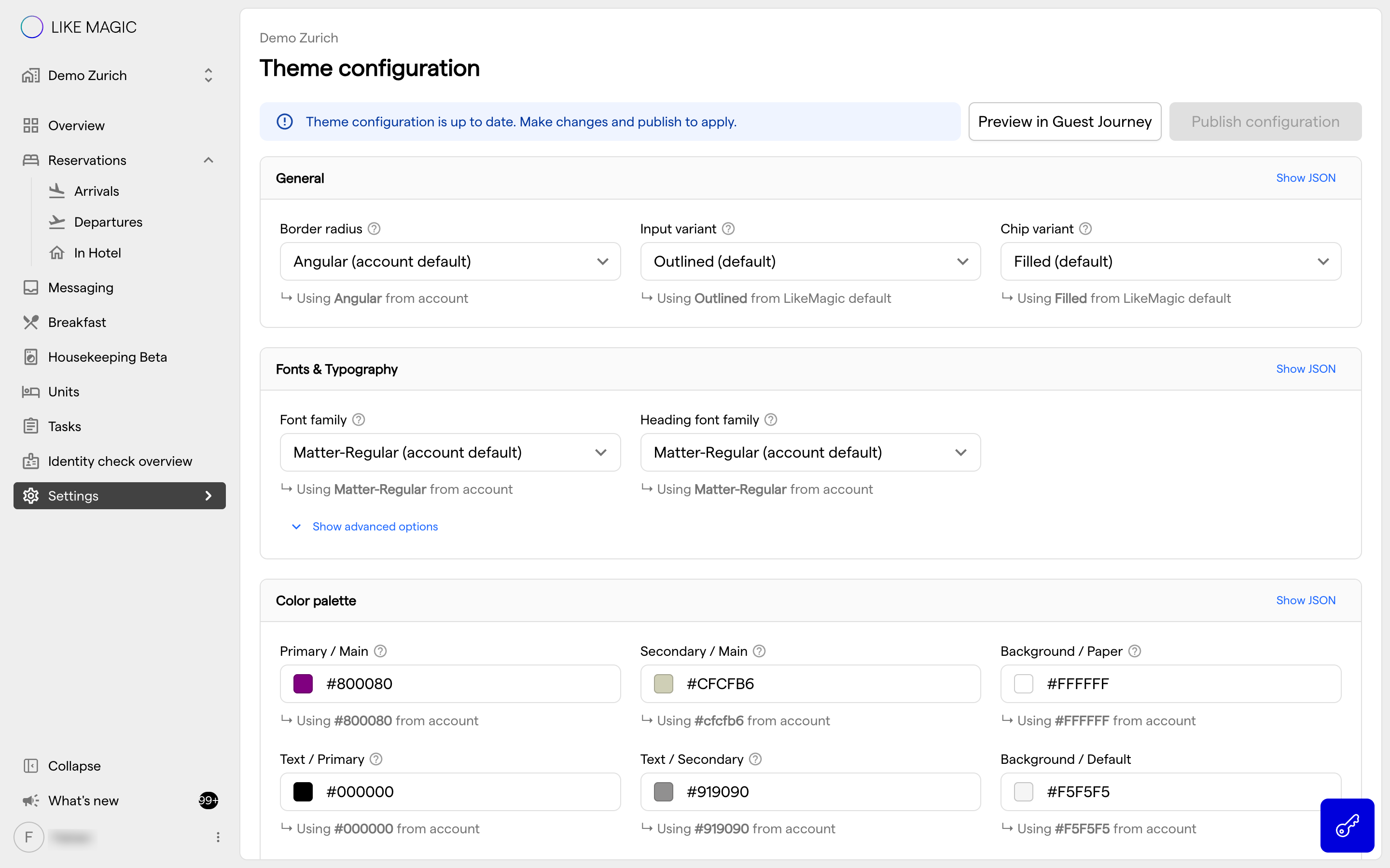 The Theme page: the publish banner above the General, Fonts &amp; Typography and Color palette sections