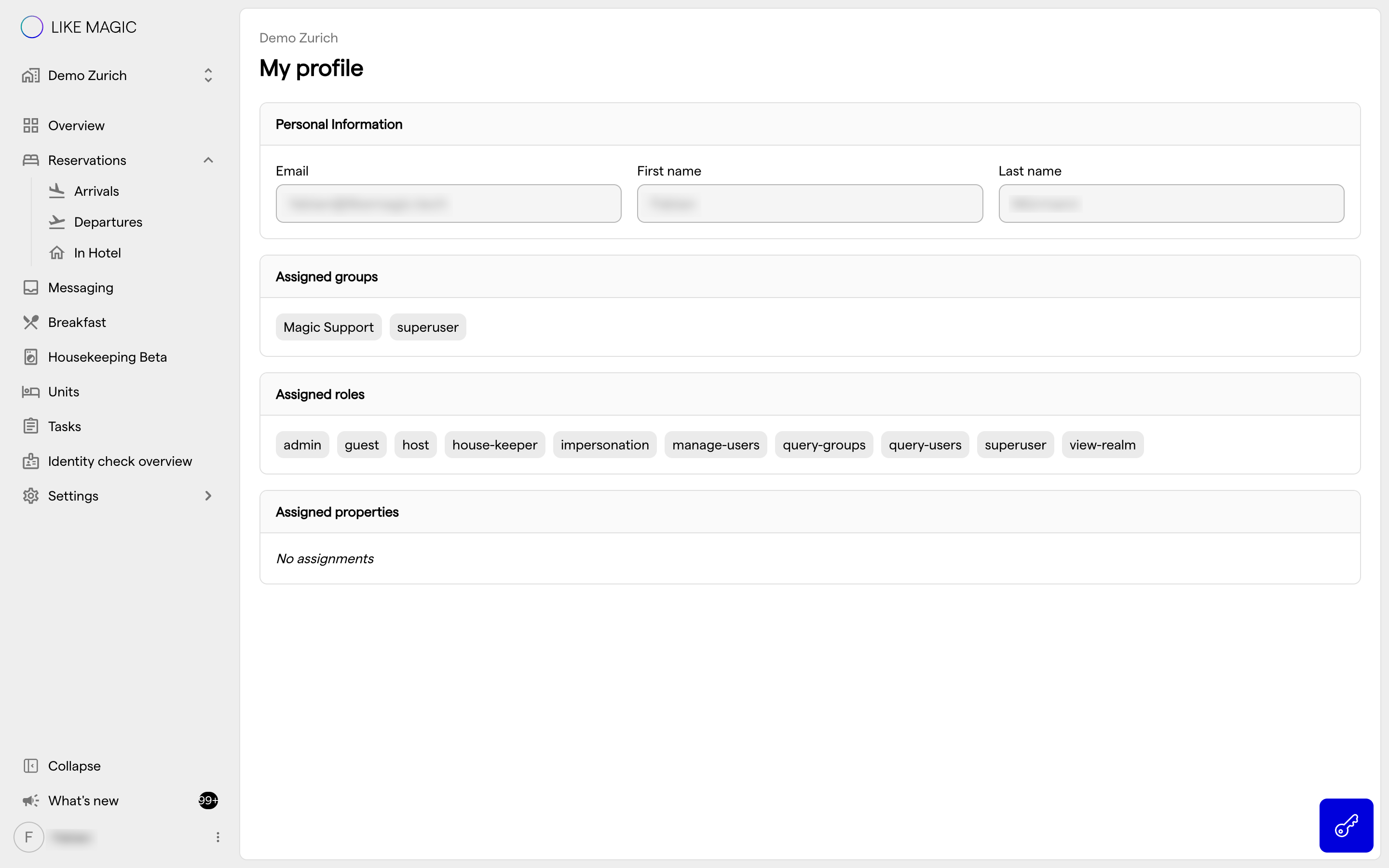 The My profile page in the Operations Platform, with the personal information and the assigned groups, roles and properties