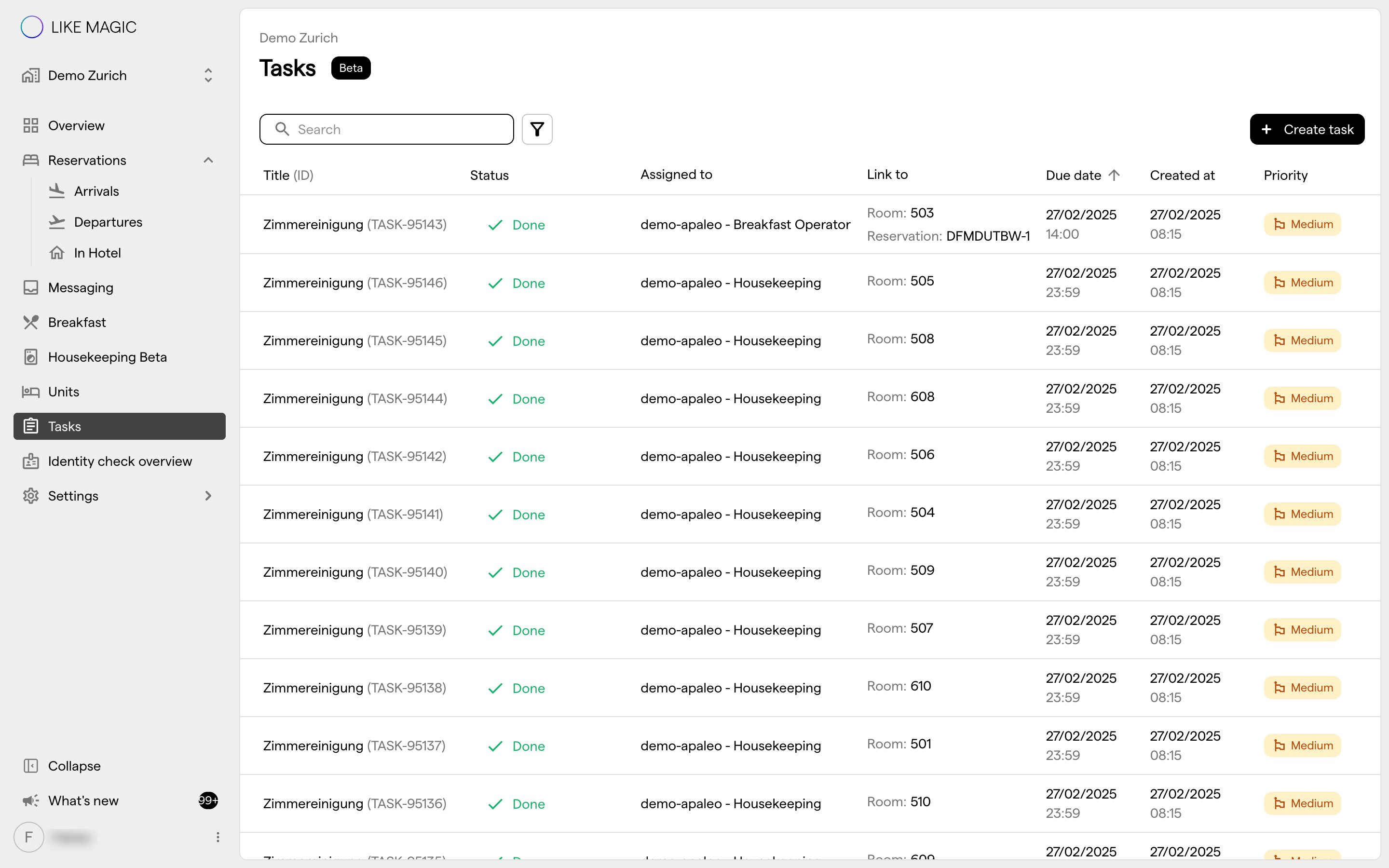 The Tasks board with status, assignee, due date and priority per task