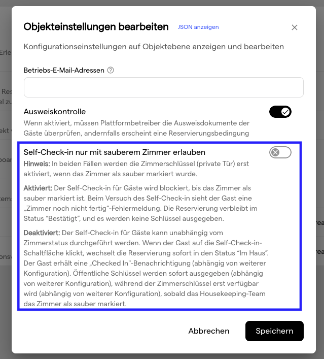 Der Dialog Objekteinstellungen bearbeiten mit hervorgehobenem Schalter Self-Check-in nur mit sauberem Zimmer erlauben