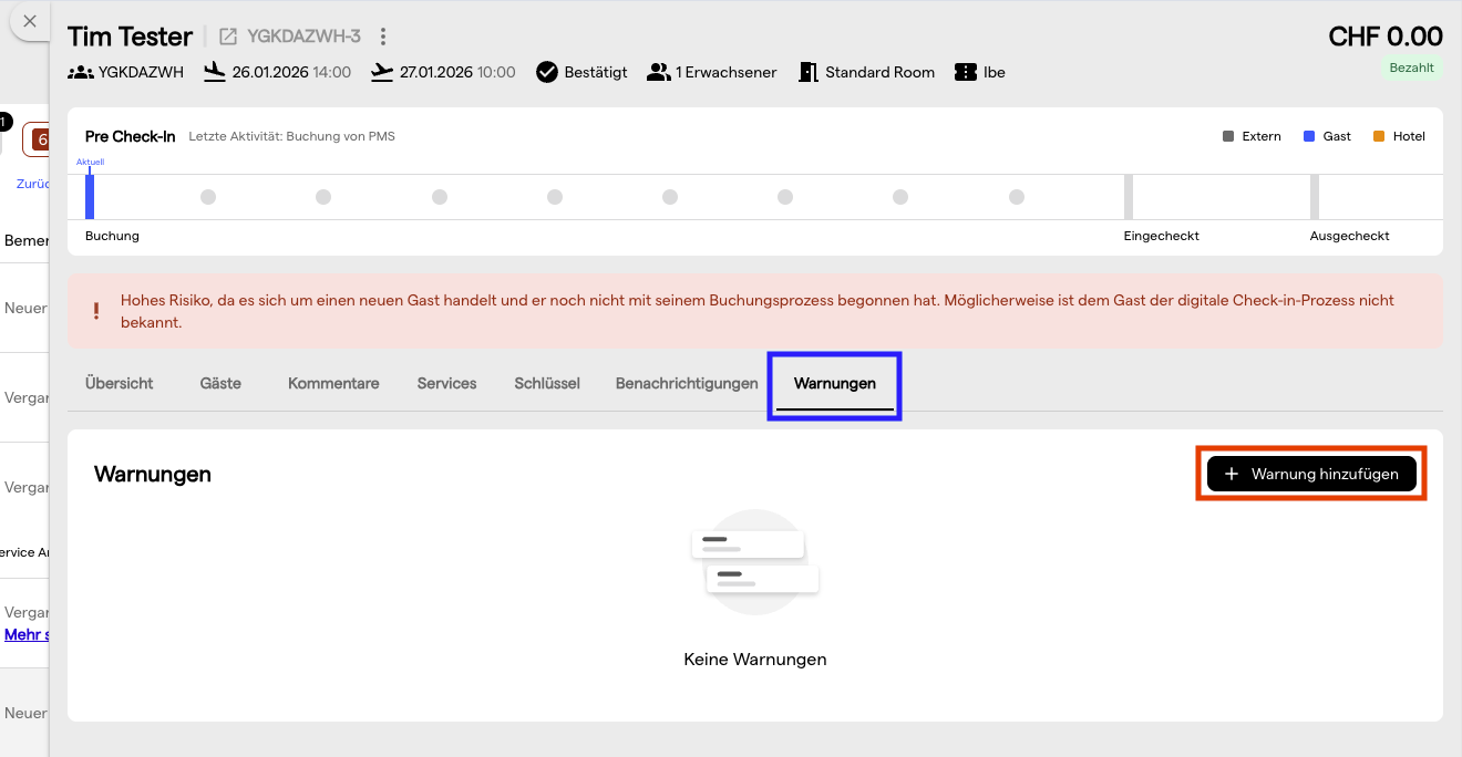 Der Tab Hinweise einer Reservierung mit der Schaltfläche Hinweis hinzufügen