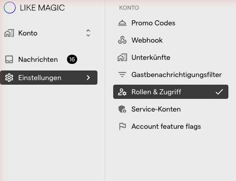 Der Bereich Einstellungen in der Seitenleiste mit dem Eintrag Rollen &amp; Zugriff