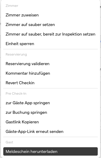 Das Aktionsmenü auf der Reservierungs-Detailseite mit ausgewähltem Eintrag Meldeschein herunterladen