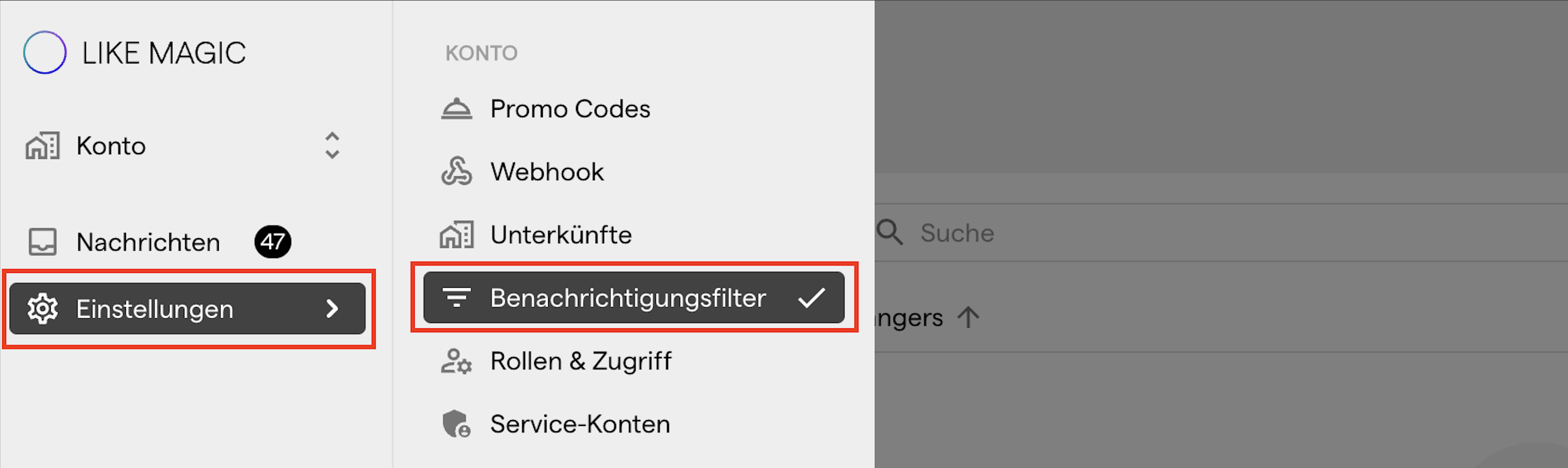 Die Seitenleiste mit geöffneten Einstellungen und dem hervorgehobenen Benachrichtigungsfilter im Bereich Konto