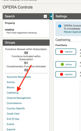 Die Seite OPERA Controls mit der in der Gruppenliste ausgewählten Gruppe Cashiering