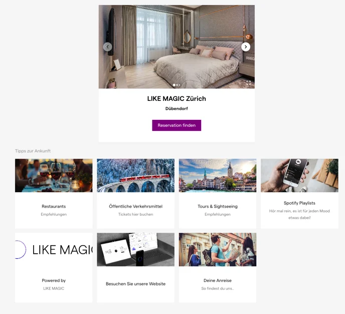 Die Info-Stay-Ansicht des Digitalen Gästeportals mit der Property-Karte und den Inhalts-Kacheln