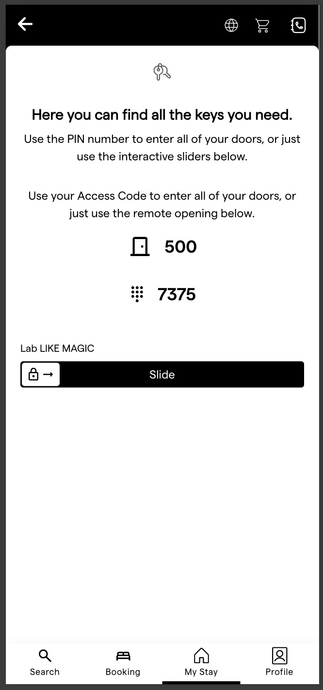 Die Schlüssel-Seite in der Gäste-App mit einem Türcode und einem Bedienelement zum Halten und Entsperren einer Tür