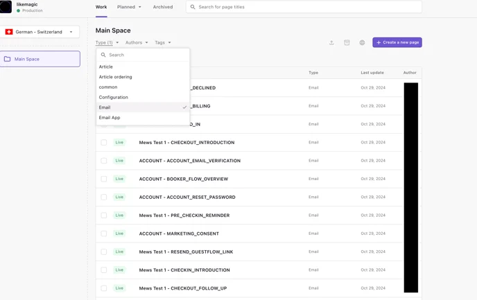 Prismic-Dokumentliste, gefiltert nach Type Email