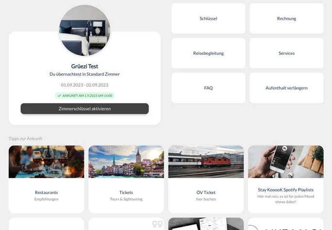 Gästeportal mit den Link- und Artikel-Karten unterhalb der Navigationskacheln