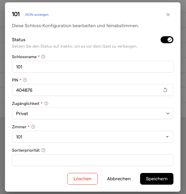 Der Dialog zur Schloss-Konfiguration für Schloss 101 mit aktivem Status, Schlossname, PIN, Zugänglichkeit Privat und Zimmer 101