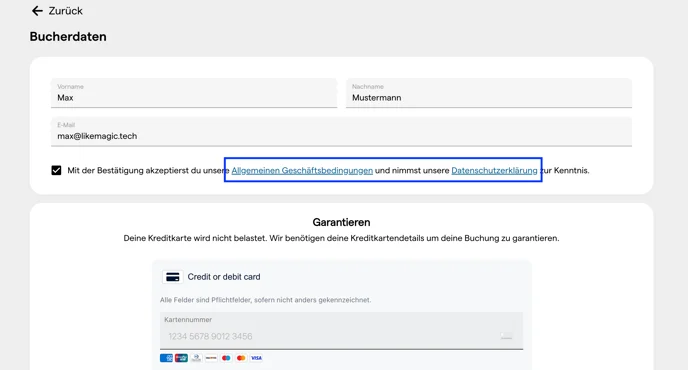 Der Schritt Bucherdaten mit der Checkbox, die auf die Allgemeinen Geschäftsbedingungen und die Datenschutzerklärung verlinkt