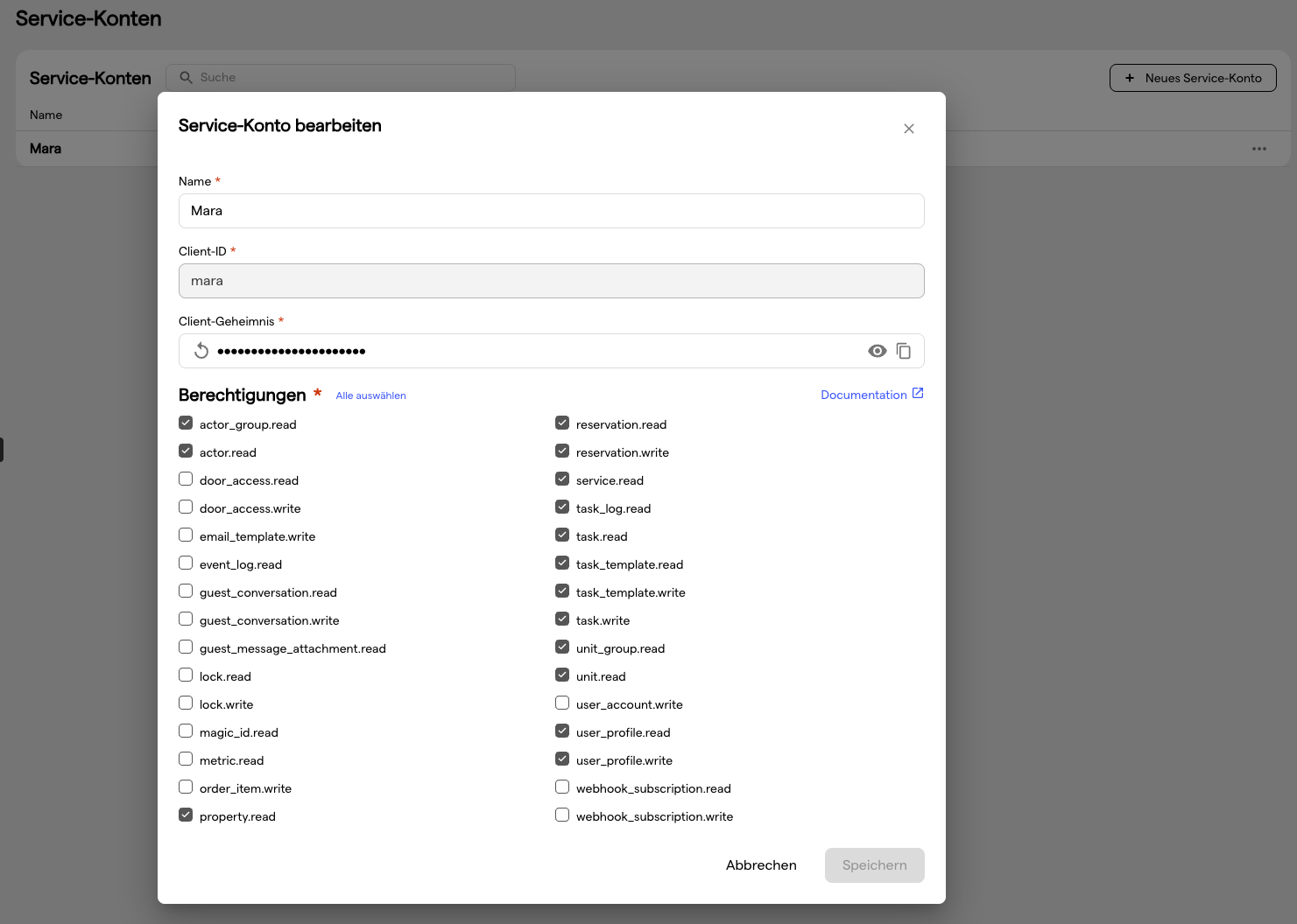 Die Scope-Auswahl im Dialog eines Service Accounts