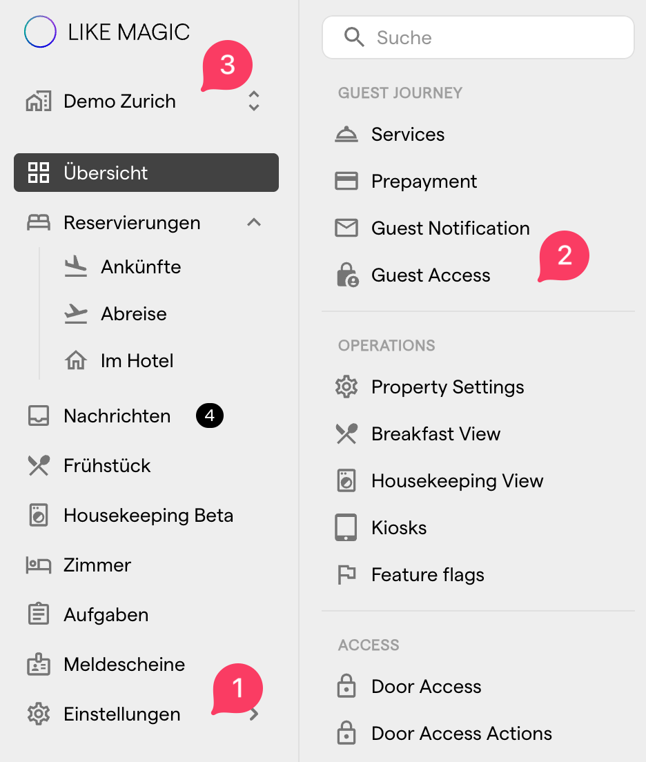 Die Seitenleiste der Operations Platform mit geöffneten Einstellungen, dem Eintrag Guest Access im Bereich Guest Journey und dem Property-Umschalter oben