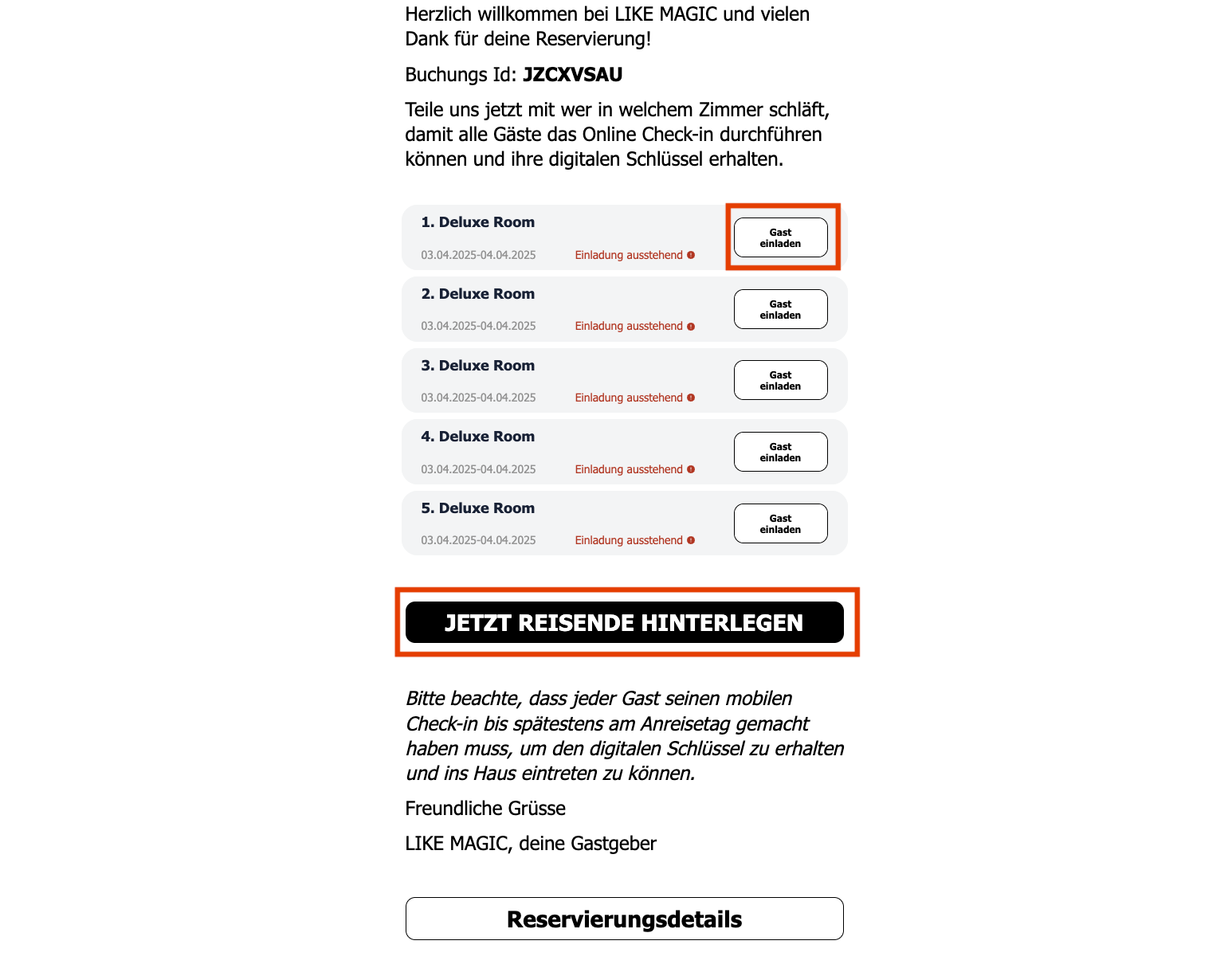Die E-Mail, die der Booker erhält, mit den Schaltflächen zum Einladen eines Gastes und zum Hinterlegen der Reisenden