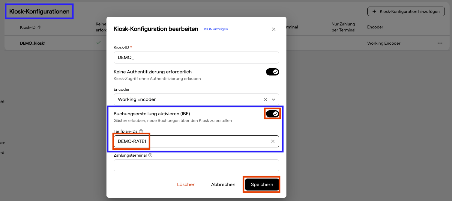 Das Kiosk-Konfigurationsfenster mit aktivierter Buchungserstellung (IBE) und einer eingetragenen Tarifplan-ID