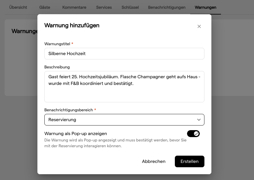 Das Fenster Hinweis hinzufügen mit den Feldern Hinweistitel, Beschreibung und Benachrichtigungsbereich und dem Schalter Hinweis als Pop-up anzeigen