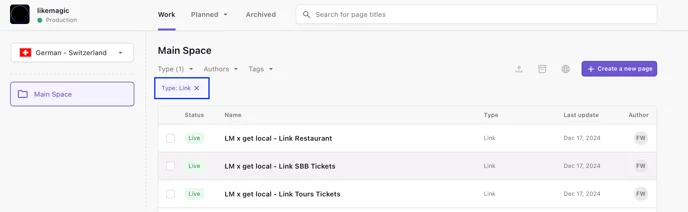 Prismic-Dokumentliste, gefiltert nach Type Link