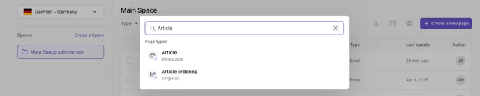 Auswahl des Dokumenttyps mit Article Ordering
