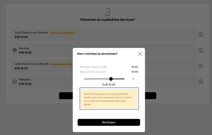 Hinweis im Service-Modal, dass eine Genehmigung erforderlich ist