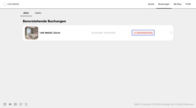 Der Bereich Buchungen in der Gäste-App mit der bevorstehenden Buchung und dem Hinweis Gästedaten fehlen