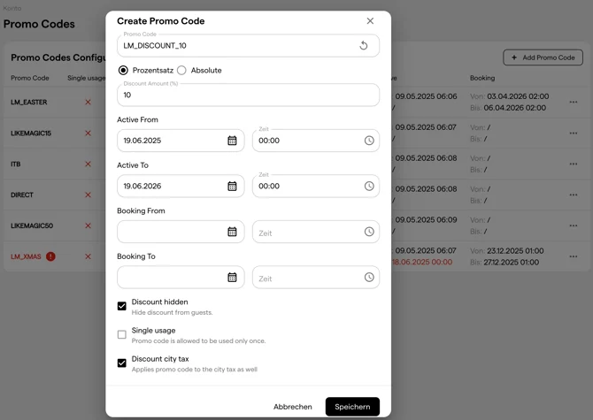 Modal Promo Code erstellen mit den Feldern Promo Code, den Optionen Prozentsatz und Absolut, Rabattbetrag, Aktiv ab und Aktiv bis, Buchbar ab und Buchbar bis, der Property-Auswahl sowie den Kontrollkästchen Rabatt versteckt und Einmalige Nutzung