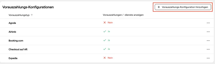 Die Liste der Vorauszahlungs-Konfigurationen mit der Anzeige-Einstellung je Typ und der Schaltfläche Vorauszahlungs-Konfiguration hinzufügen