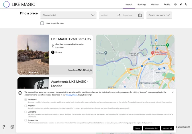Ausgeklapptes Cookie-Banner mit den Kategorien Necessary, Analytics, Marketing und Preferences, jede mit Kontrollkästchen und Beschreibung