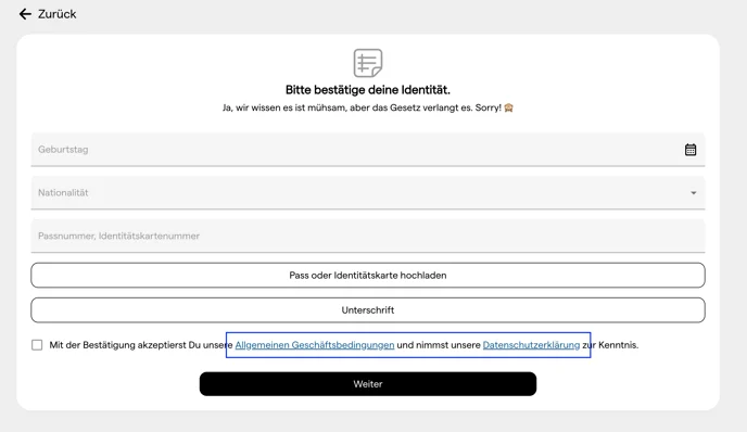 Der Schritt mit den gesetzlichen Daten im Online Check-in mit derselben Checkbox über dem Button Weiter