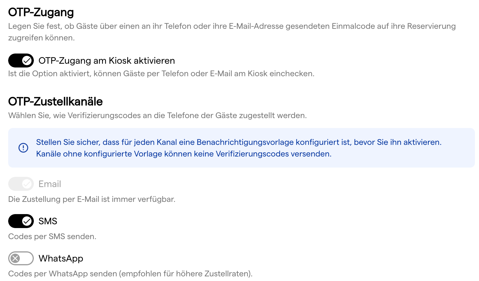Der Bereich OTP-Zugang mit dem Kiosk-Schalter und die OTP-Zustellkanäle für E-Mail, SMS und WhatsApp