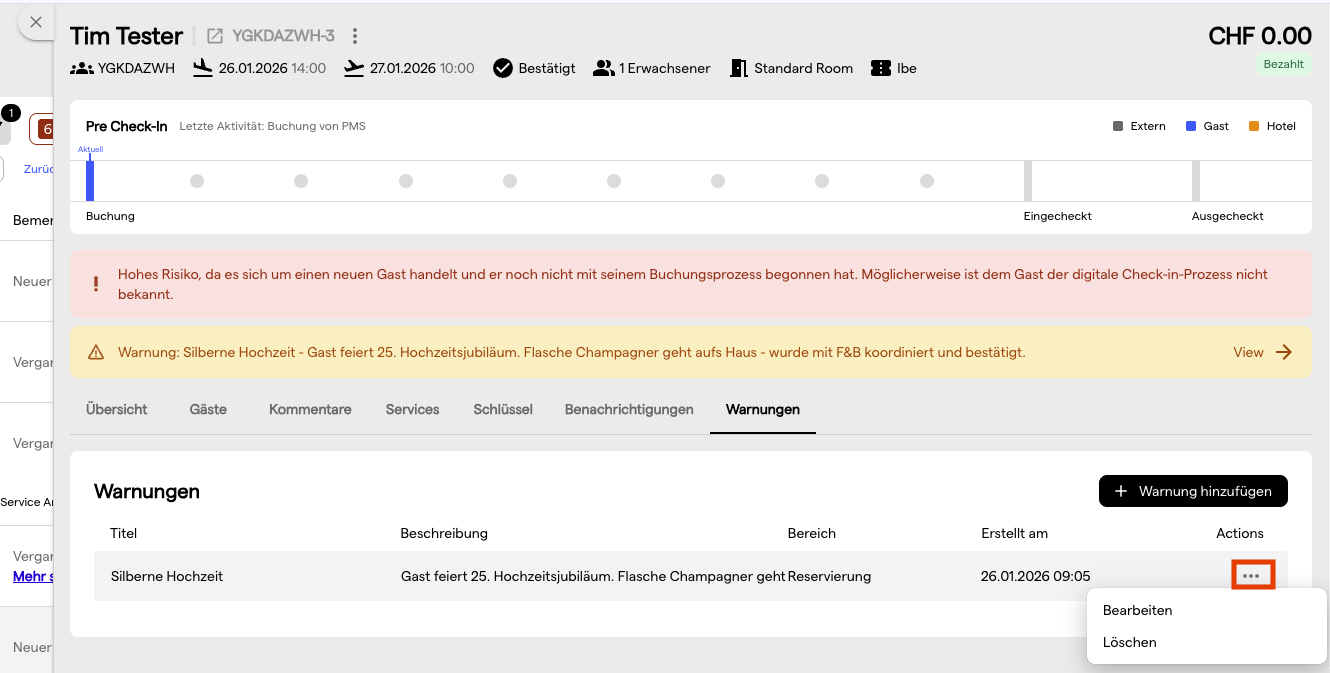 Die Hinweis-Tabelle mit dem geöffneten Menü Weitere Aktionen und den Optionen Bearbeiten und Löschen