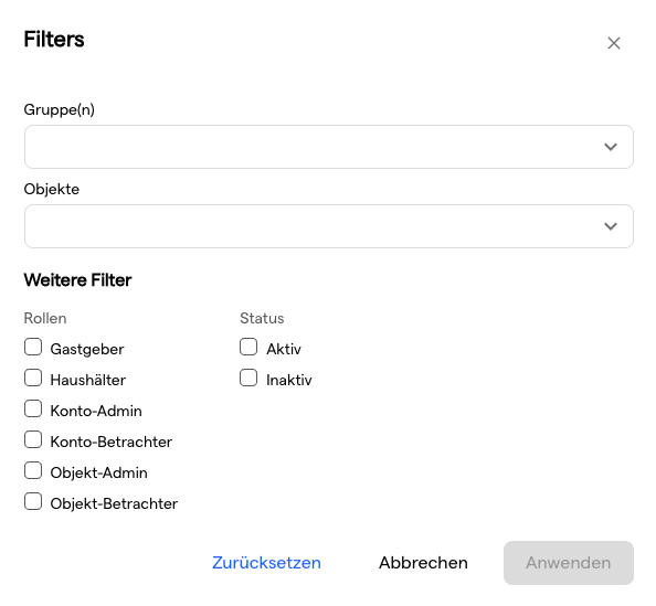 Der Filter-Dialog mit den Filtern Gruppe(n), Objekte, Rollen und Status