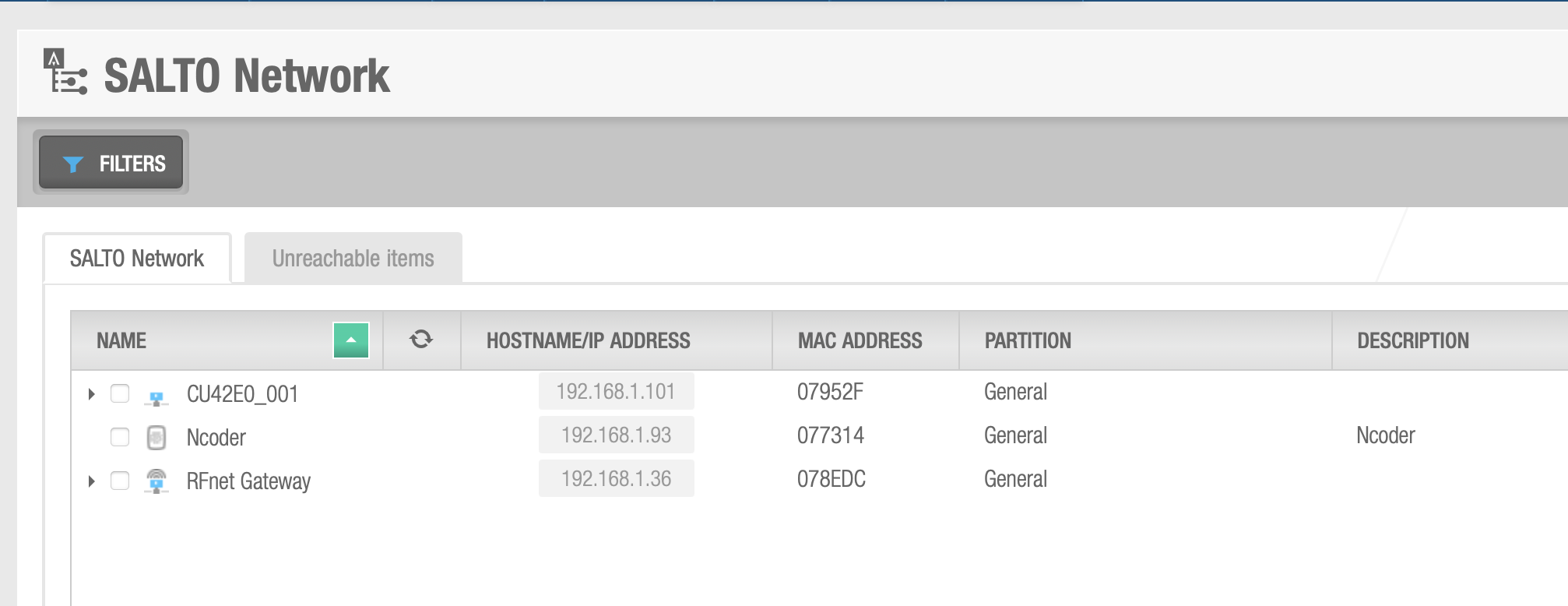 Die Liste SALTO Network in ProAccess Space mit einer Steuereinheit, einem Encoder und einem RFnet Gateway samt IP- und MAC-Adressen