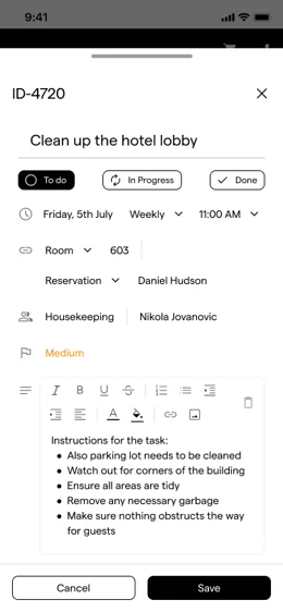 Der Aufgaben-Dialog mit den Status-Buttons, den Feldern für Termin und Zuweisung, dem Beschreibungseditor und den am unteren Rand fixierten Buttons Abbrechen und Speichern