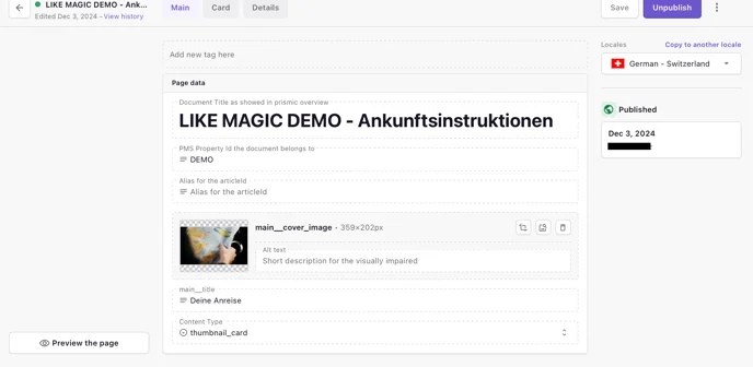 Artikel-Dokument in Prismic mit den Sektoren Main, Card und Details
