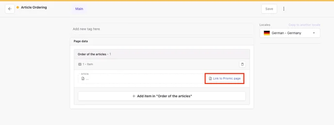 Neues Article-Ordering-Dokument mit dem Feld Link to Prismic page
