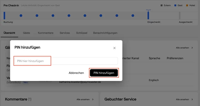 Der Dialog PIN hinzufügen auf einer Reservierung mit Eingabefeld und dem Button PIN hinzufügen