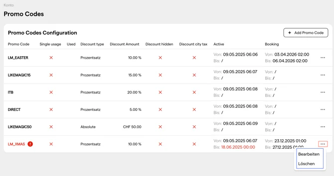 Geöffnetes Zeilenmenü in der Promo-Code-Tabelle mit den Aktionen Bearbeiten und Löschen