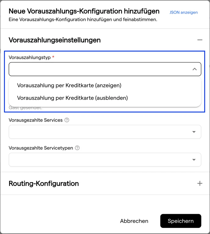 Der Dialog Neue Vorauszahlungs-Konfiguration hinzufügen mit geöffnetem Dropdown Vorauszahlungstyp und den beiden Kreditkarten-Optionen