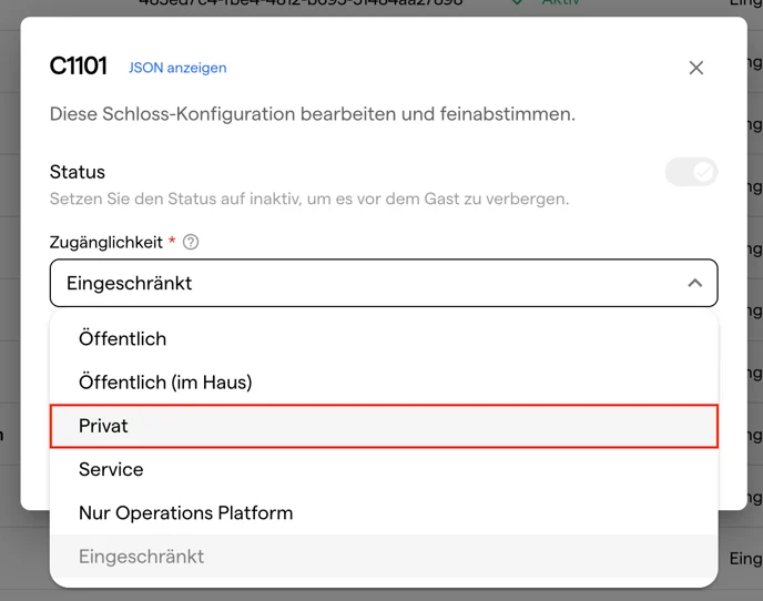 Der Dialog zur Schloss-Konfiguration mit geöffnetem Auswahlfeld Zugänglichkeit und hervorgehobenem Eintrag Privat