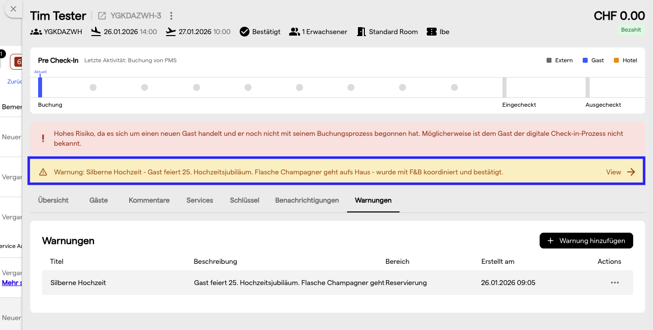 Ein Hinweis als Warnbanner über den Tabs, mit dem Link View