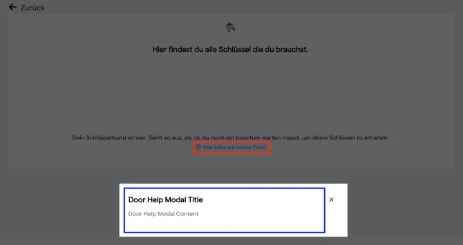 Die Schlüssel-Seite des Gastes mit hervorgehobenem Link „Wie öffne ich meine Türe?“ und dem geöffneten Door Help Modal
